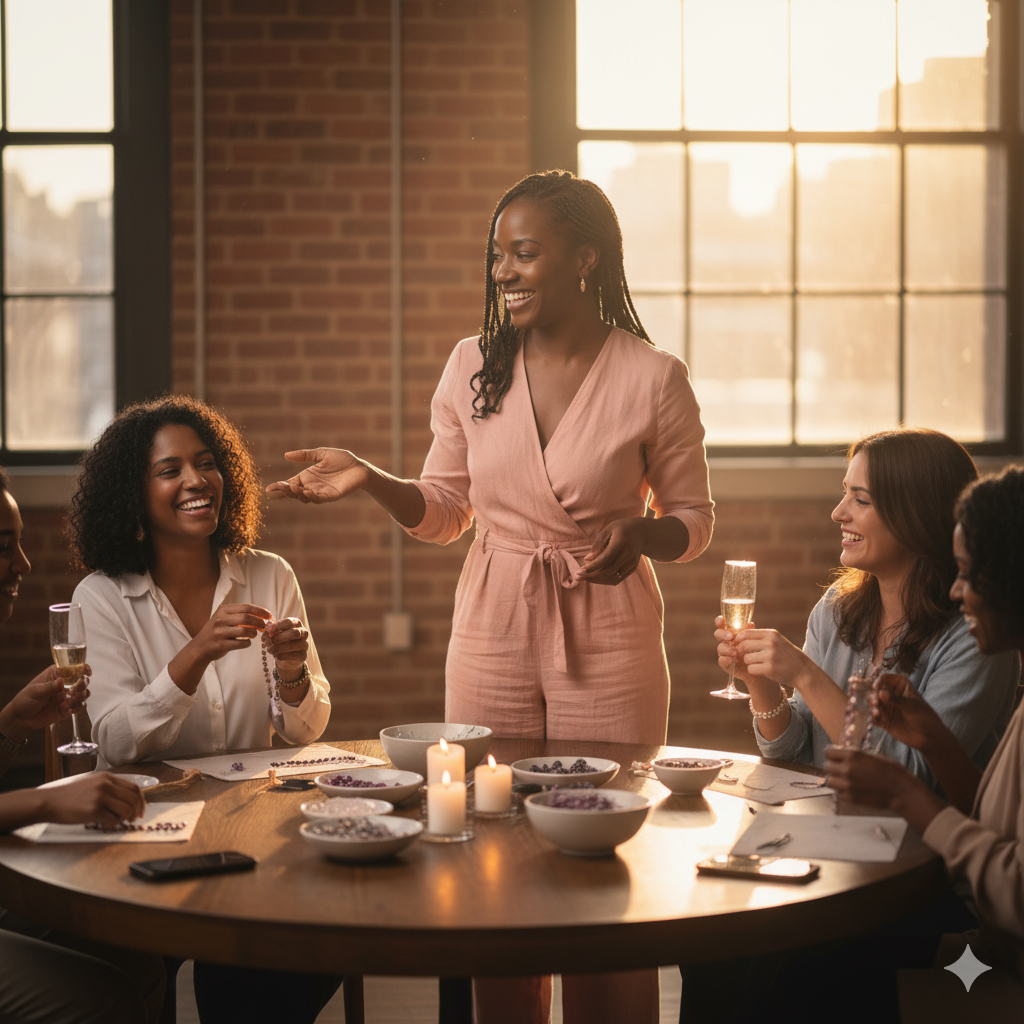 Friends enjoying a Sip & String bracelet making party