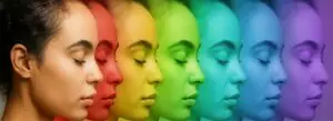 Aura photography spectrum showing a woman’s face in chakra healing colors—red, orange, yellow, green, blue, indigo, violet—representing energy alignment at My Healing Suite, National Harbor.
