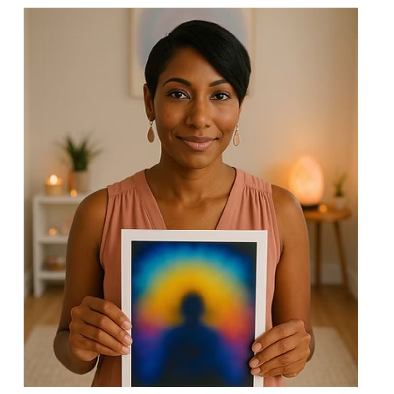Woman holding colorful aura photo in peaceful wellness studio with salt lamp and candles. Perfect for promoting aura photography, energy healing, and spiritual wellness services.