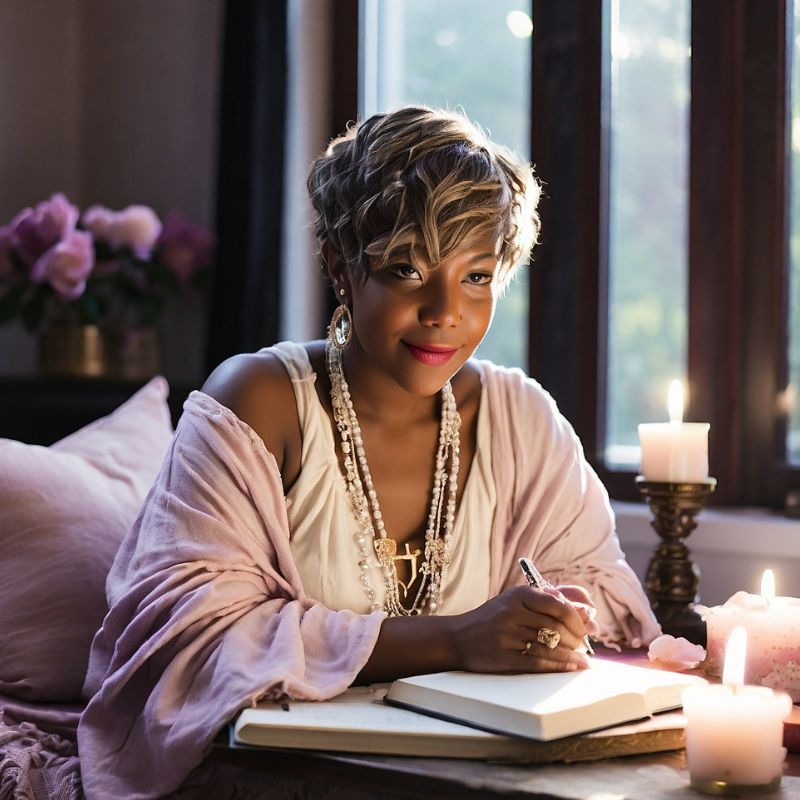 Black woman journaling in a cozy, candlelit space with soft lighting and spiritual decor