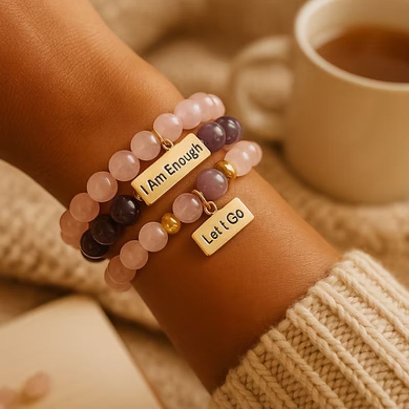 Close-up of handmade rose quartz and amethyst affirmation bracelets with gold tags that read "I Am Enough" and "Let Go." The healing crystal jewelry is worn on a woman's wrist, styled with a cozy knit sweater and a cup of coffee in the background. Perfect for self-love, mindfulness, and emotional healing.