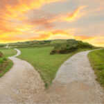 Fork in the road at sunrise, symbolizing mindful choices and spiritual growth with My Healing Suite.