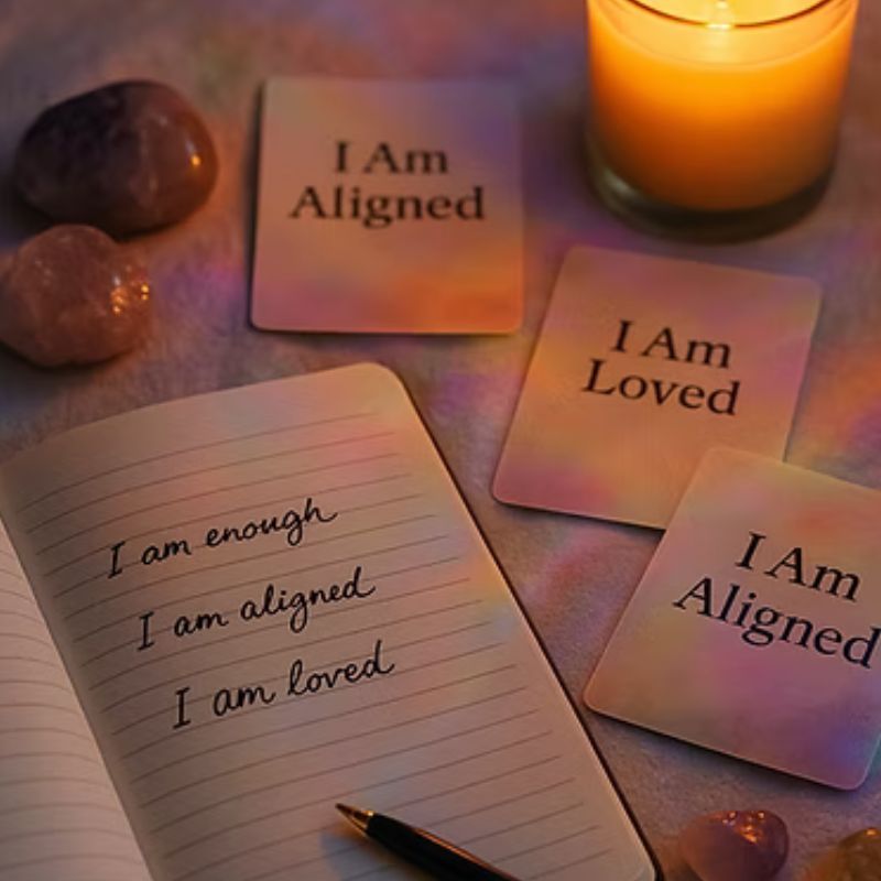 Flat lay of a self-care journaling scene with affirmation cards reading "I Am Aligned" and "I Am Loved," a lit candle, healing crystals, and an open notebook with affirmations written: "I am enough, I am aligned, I am loved." Ideal for mindfulness, manifestation, and spiritual wellness content.
