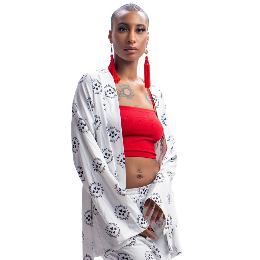 "I Am Enough" Kimono Belted Cardigan – White