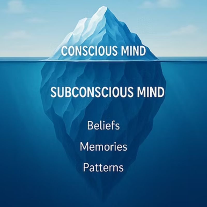 An illustration of an iceberg floating in the ocean. The tip above water is labeled "Conscious Mind," while the much larger portion beneath the surface is labeled "Subconscious Mind." Under "Subconscious Mind," three words are listed: "Beliefs," "Memories," and "Patterns," symbolizing the deeper elements influencing behavior and thought.